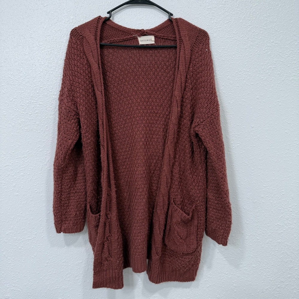 DREAMERS Cozy Knit Hooded Cardigan Brick Red Size S Cable‎ Knit Pockets
